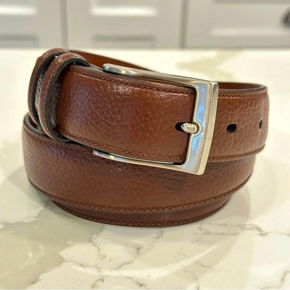 Perry Ellis Portfolio Mens Brown Leather Belt Silver Buckle Sz 36 Career Casual
